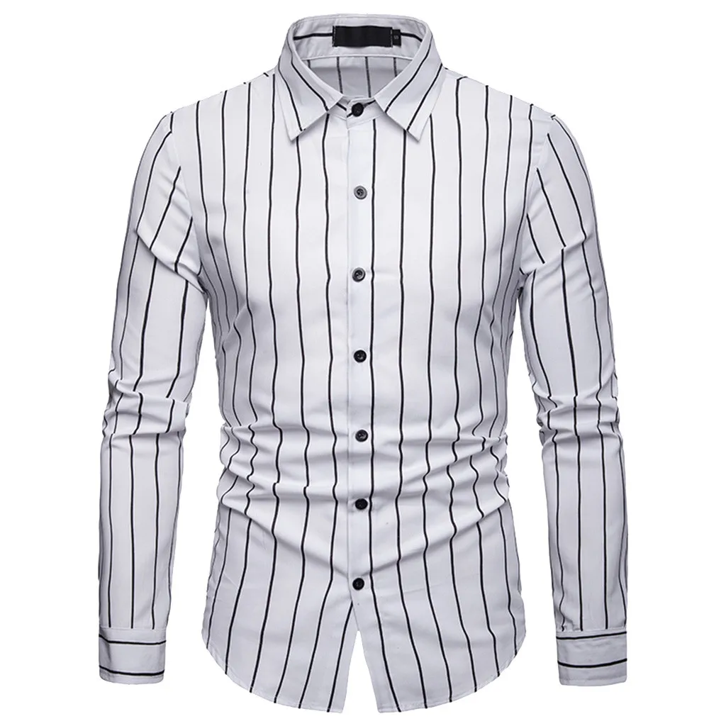 Страусиная Мужская черная и белая полосатая тонкая рубашка с длинным рукавом на пуговицах с отворотом деловая Повседневная офисная рубашка модный топ размера плюс