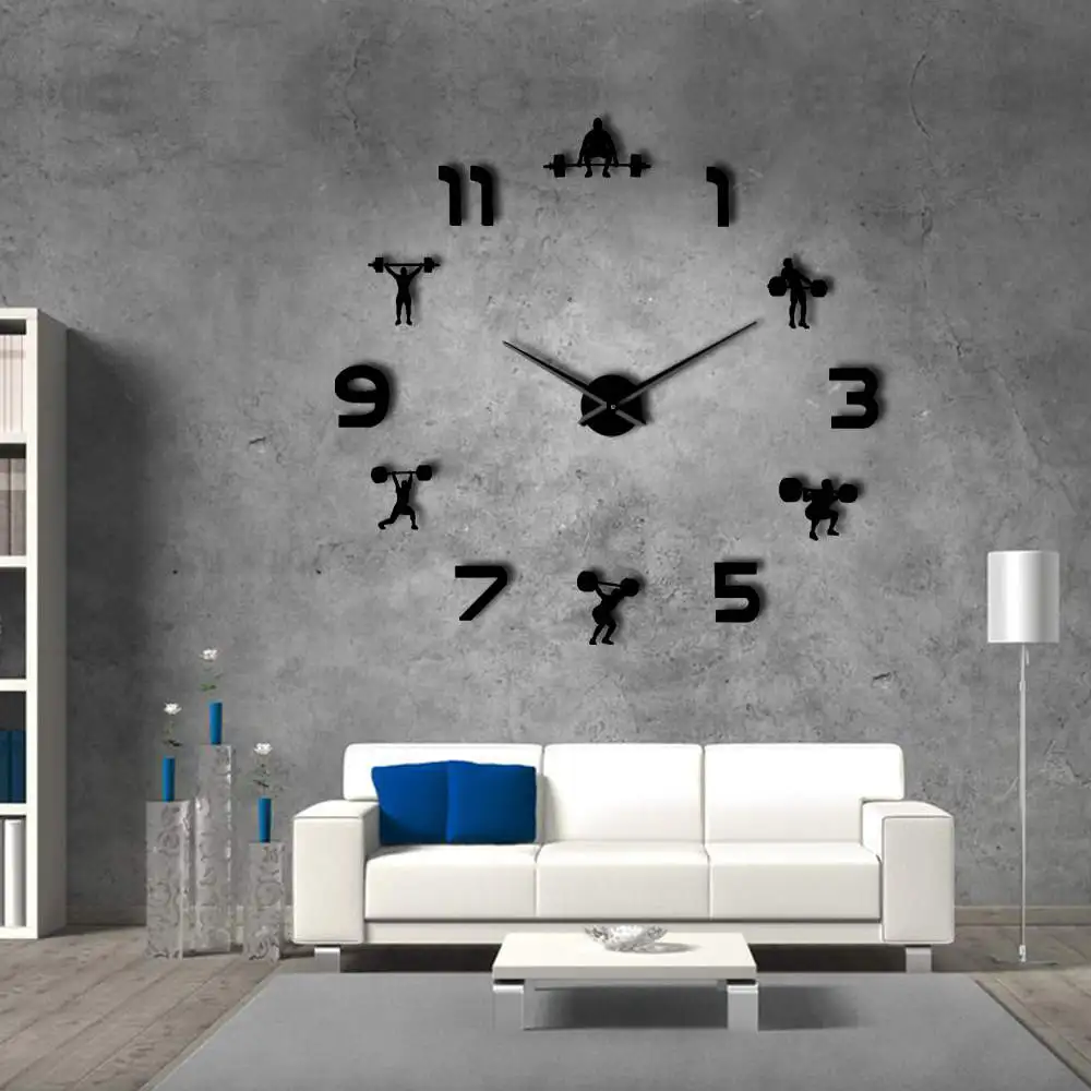 

Weightlifting Fitness Room Wall Decor DIY Giant Mute Wall Clock Mirror Effect Powerlifting Frameless Large GYM Wall Clock Watch