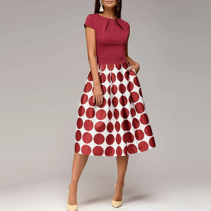 

Women Autumn Dress Polka Dot Round Neck Short Sleeves Slim Fit High Waist Dresses TY66
