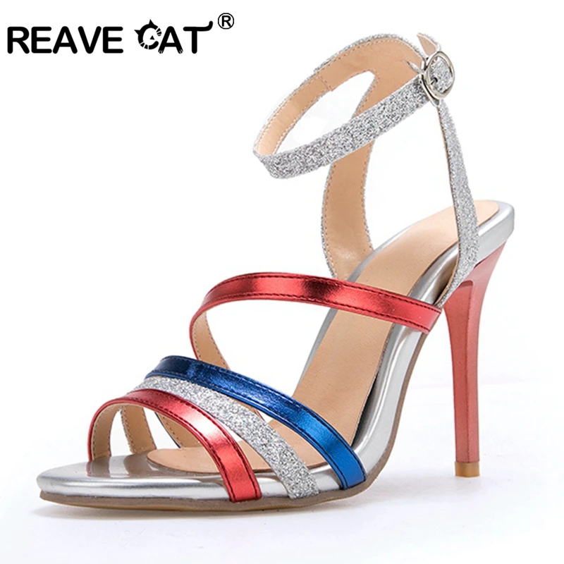 

REAVE CAT Shoes woman High heels Ladies sandals Buckle Summer shoes Tin heel Glitter Patchwork Casual New arrival Party A1965