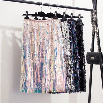 

2019 summer fashion sequins tassle skirt high waist bling bling women sexy mid calf club skirts