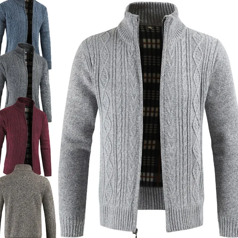 Мужское зимнее шерстяное вязаное пальто со стоячим воротником, теплый свитер с капюшоном, брендовая мужская одежда с длинными рукавами, мужской кардиган - Цвет: Серый