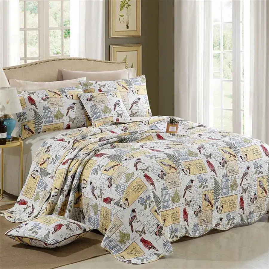 

Home Textile Summer and Spring 3 piece Quilt Set 100% Cotton Plants and Birds Design Quilt Lightweight Bedspread Queen Size