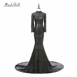 Роскошные черные женские Вечерние платья 2017 Vestido Noite с длинными рукавами высокого Средства ухода за кожей шеи Русалка Блёстки официальная