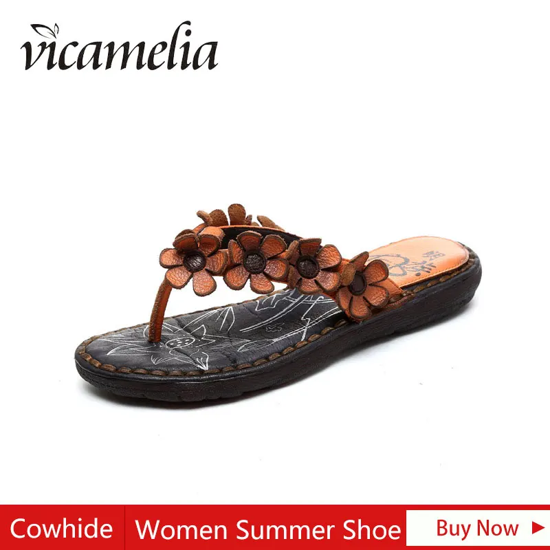 2019 Summer Newest Beach With Flower Flip Flops Genuine Leather Casual Women Slippers Ladies Outdoor Flat Shoes Handmade 321 | Обувь