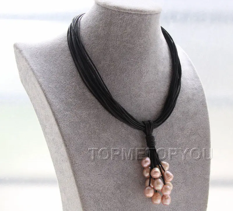 

Free Shipping>>new hotNew 15Strands black leather pink-purplepearls Choker necklace pendant E2239