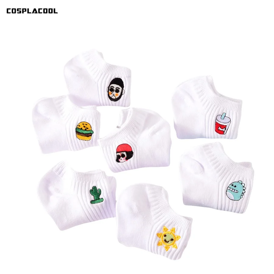 

[COSPLACOOL]Women Cotton Socks Harajuku White Color Embroidery Emoji Food Cactus Character Print Ladies Invisible No Show Socks