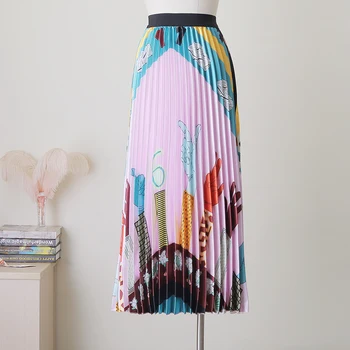 

Qooth Women's Long Skirt Summer Skirts 2019 Spring Luxury Rainbow Print Pleated Skirt High Waist Floral Vestidos Saia QH1744