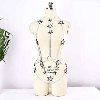 

Women Festival Fetish Pentagram Body Harness Belt 90s Mature Adjustable Hollow Out Body Cage Goth Sexy Lingerie Tops Bodysuit