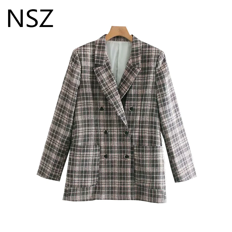 NSZ Women Checked Jacket Vintage Plaid Blazer Office Lady Coat Long Sleeve Double Breasted Pocket Decoration Outerwear | Женская одежда