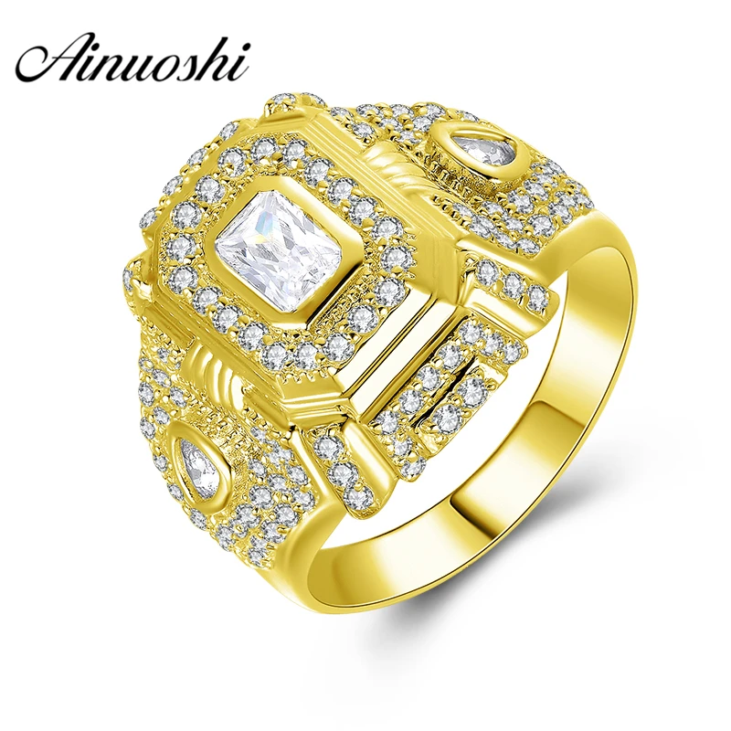 

AINUOSHI 10K Solid Yellow Gold Ring 8.5g Wedding Band Delicate Rectangle Halo Ring Wedding Engagement Gold Male Jewelry Men Band