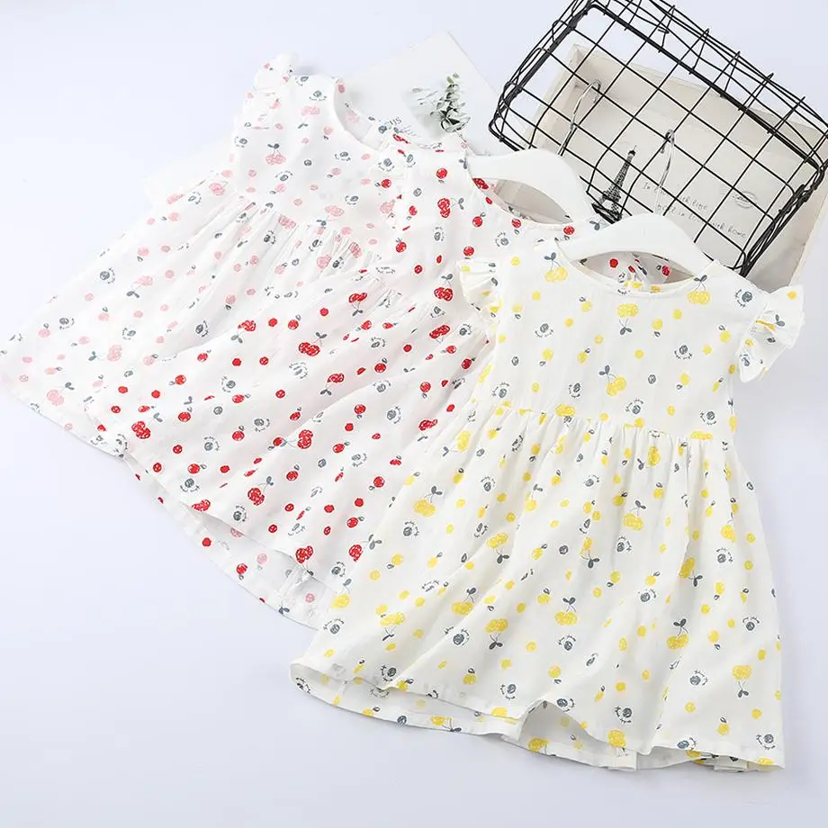 

Summer 2019 high quality full cherry printes children dress fly sleeve dresses for girls princess party dress baby girl clothes