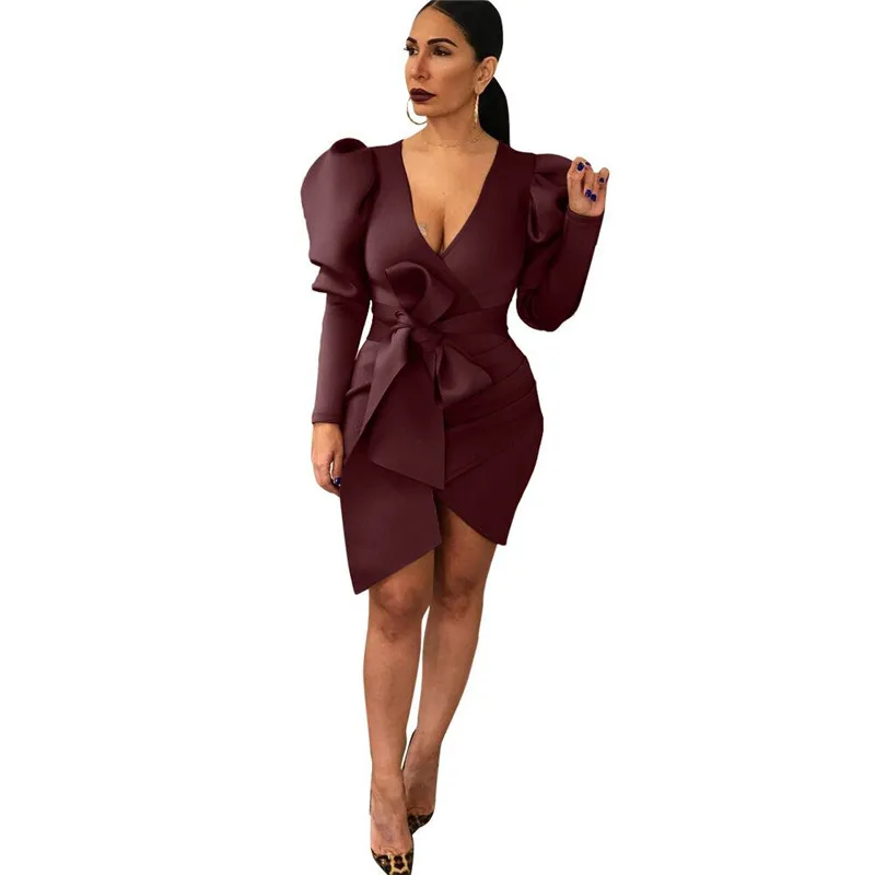

Puff Sleeve Sexy Ruched Bodycon Wrap Dress Women Winter V Neck Overlap Long Sleeve Mini Club Short Party Dresses with Sashes