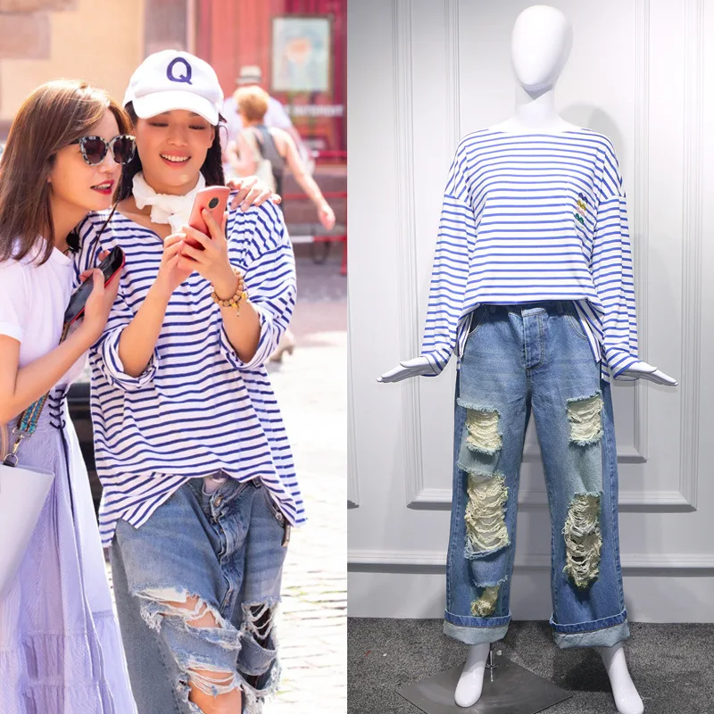 

2019 Spring The Same Broken Hole Broad-legged Pants Embroidery Hole Breaking Stitching Making Old Vintage Zippers Pants Women