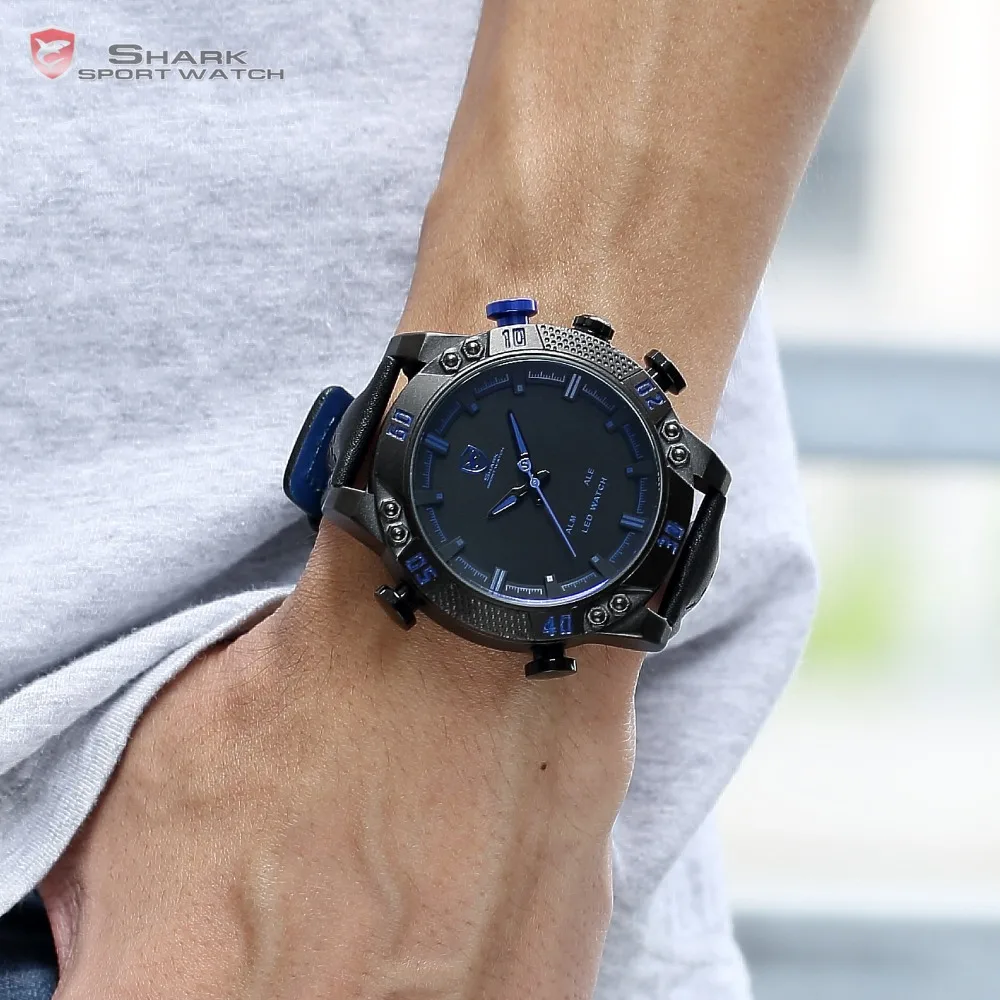 Shark Sport Watch LED Brand Auto Date Alarm Black Blue Dual Time Leather Band Military Quartz Men Digital Clock / SH265