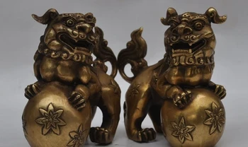 

Chinese classical Copper brass Evil Guardian Foo Dog Lion play Ball Pair statue