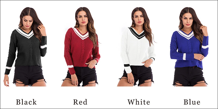 Gladiolus 2018 Striped Pullover Sweater Women V-Neck Long Sleeve Loose Autumn Winter Women Knitted Sweater Casual Jumper Tops (23)