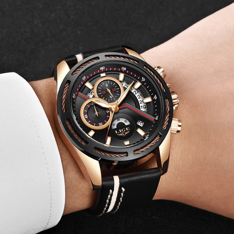 

LIGE Fashion Mens Watches Top Brand Luxury Men's Military Sports Watch Casual Leather Waterproof Quartz Watch Relogio Masculino