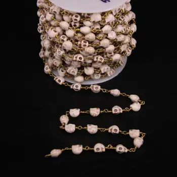 

5Meter,White Turquoises Skull beads Chain,6x8mm Turquoises bead Link Brass Wire Wrapped Rosary Chains DIY Necklace Jewelry