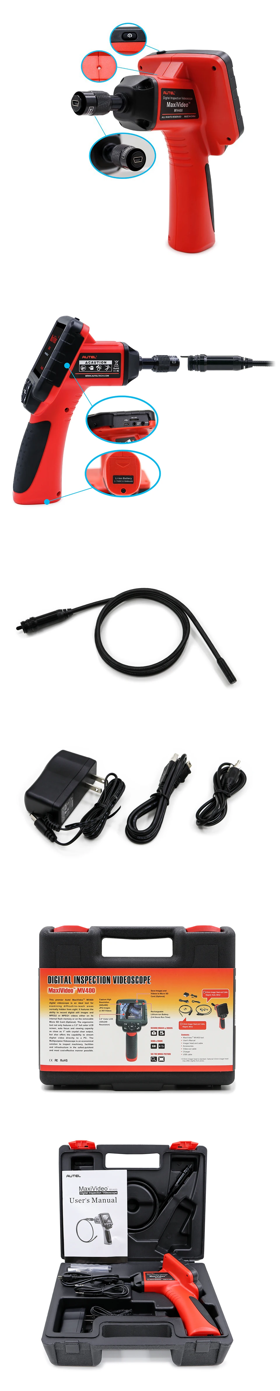 cheap car inspection equipment Autel MaxiVideo MV400 5.5mm 8.5mm Multipurpose Videoscope Digital Recording Rechargeable Borescope with 3.5 Inch LCD Monitor portable car battery charger