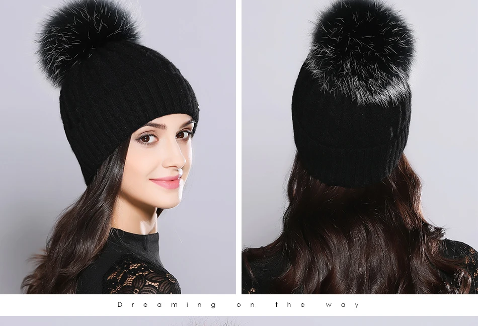 Woman Winter Hats Wool Skullies Beanie Raccoon Fur Pom Pom Stripe Knitted Hat Female Autumn Skullies Beanies  (15)