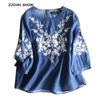 

2019 Spring New Casual White Flower Embroidery Denim Shirt Blue Ethnic Women Round neck 3/4 Sleeve Denim Blouse Pullover Tops