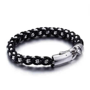 

Fashion Men multilayer Link Silver Stainless Steel Byzantine Weave Chain Black Leather Bracelets Pulseras Jewelry