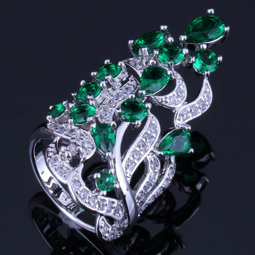 Glittering Huge Plant Green Cubic Zirconia White CZ Silver Plated Ring V0526 | Украшения и аксессуары