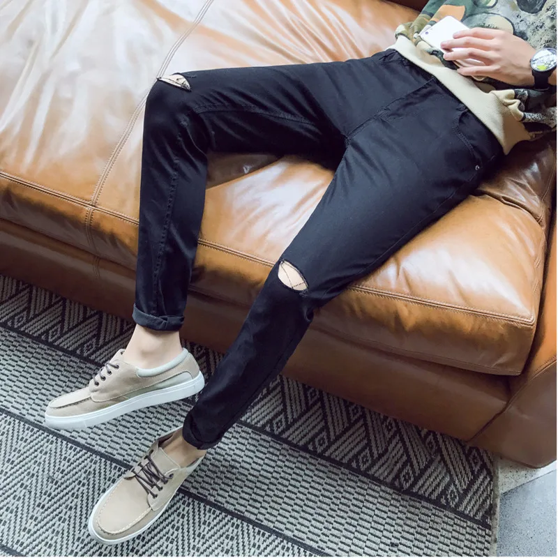 

Fashion Casual Men's Jeans Spring And Autumn New 28-34 Hole Solid Color Slim Trousers Tricolor Personality Youth Popular