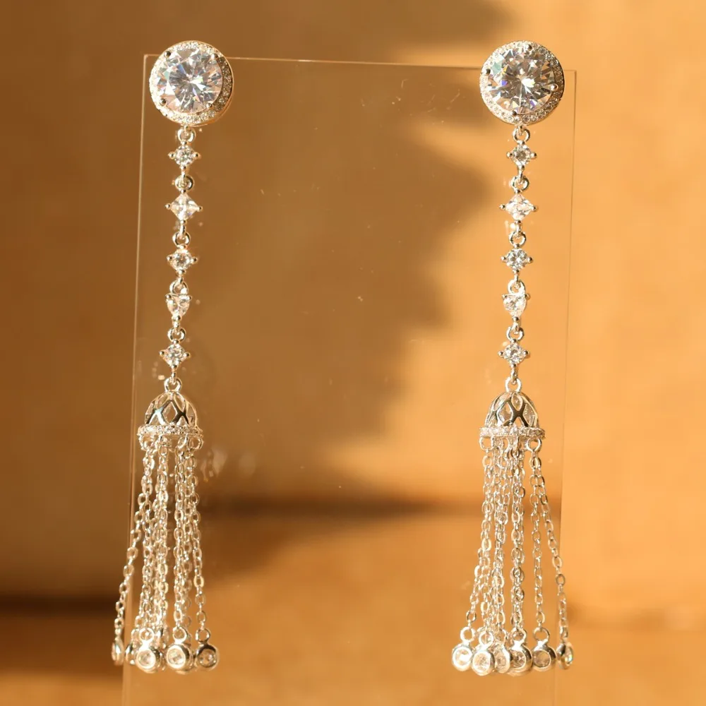 

Long Tassel Earrings 925 Sterling Silver for Women Blue White Zircon Drop Dangle Brush Earrings Fashion Party Annivers Jewelry