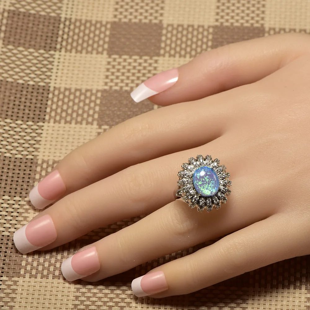 Женское кольцо из серебра 925 пробы с голубым огненным опалом|ring size|ring size 5crystal ring |