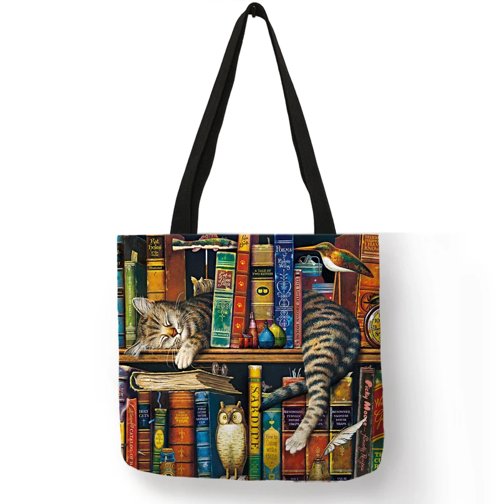  Popular Hand Bags for Women 2018 Naughty Bookshelf Cat Printing Totes Eco Linen Large Capacity Casu - 32943273048