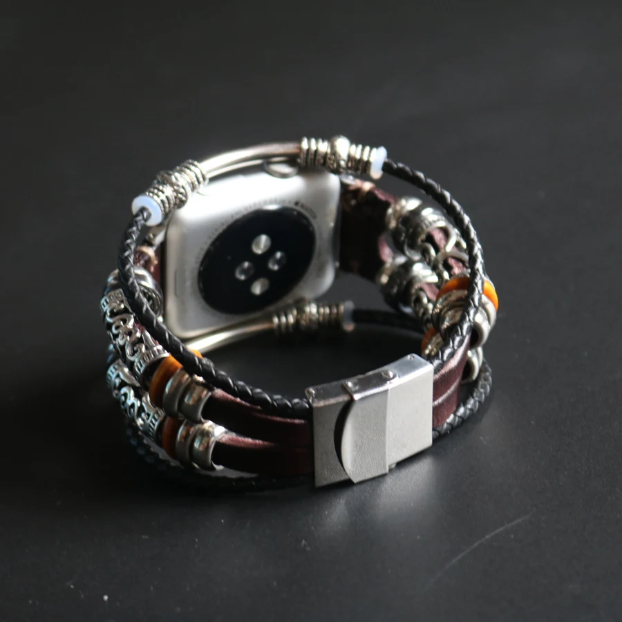 Браслет ручной работы из бисера в стиле ретро, панк, Syle, ремешок для Apple Watch, 42 мм, 38 мм, натуральная коровья кожа, для Apple Watch, серия 1, 2, 3, 4, 5