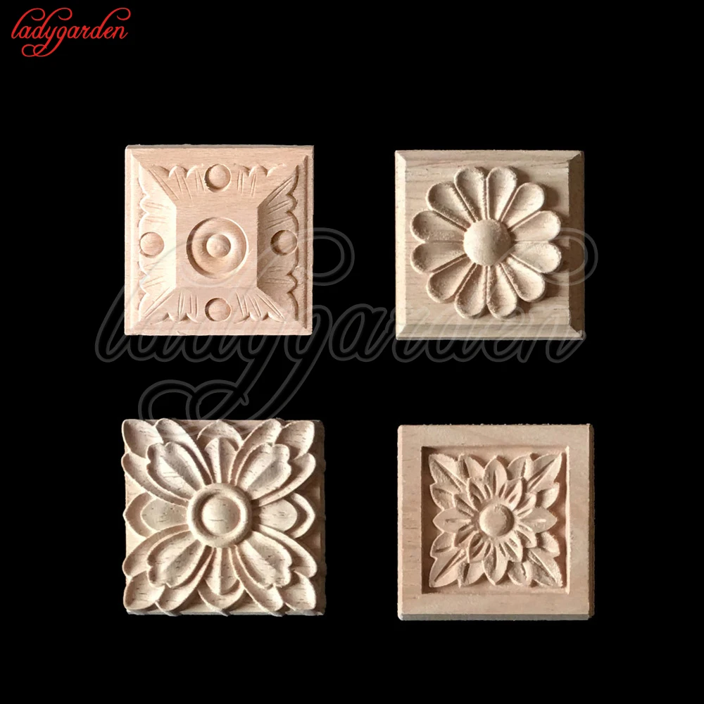 

4*4CM Flower Wood Carving Natural Wood Appliques for Furniture Cabinet Unpainted Wooden Mouldings Decal Decorative Figurine