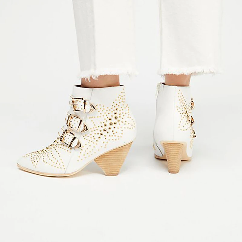 Nouveau Femmes Spike Véritable Hiver Talons Dirigeants De Beige Ladie En Rivet Bout Cheville Bottes Pointu Punk Martin Silla 2018 Cuir Zn1wxUng