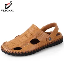 VESONAL Лето выдалбливают ручной работы пояса из натуральной кожи повседневные мужские сандалии для мужчин обувь повседневное Вышивание воды