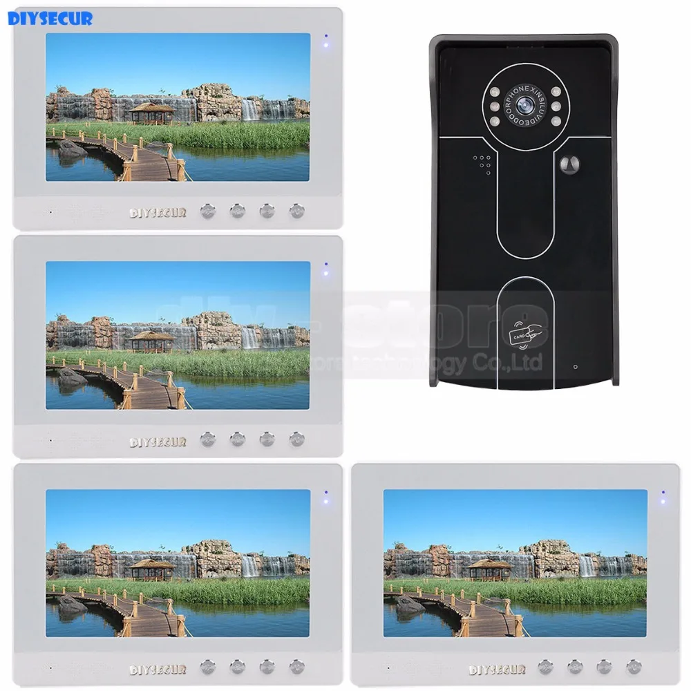 

DIYSECUR 10 inch Wired Video Door Phone Doorbell Home Security Intercom System RFID Camera IR Night Vision 1 Camera 4 Monitors