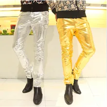 Мужская одежда, золотые, серебристые, черные, мужские тонкие брюки из искусственной кожи, мужские кожаные штаны, Мужские штаны в стиле хип-хоп, Pantalon Homme, хип-хоп