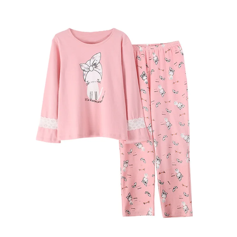 Pink Pajama Sets For Girls 2018 Cat Print Cute Lace Sweet 2 Pieces Set