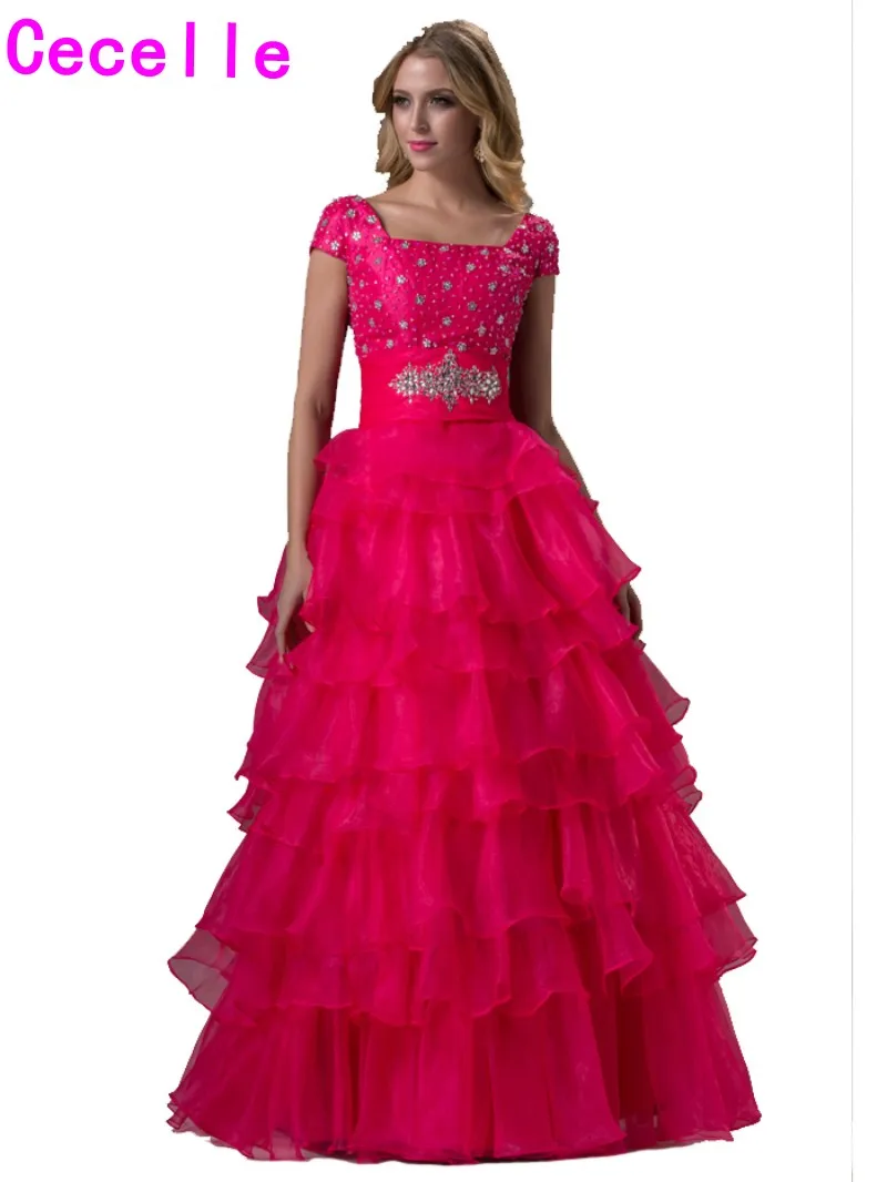 Fuchsia Modest Long Prom Gowns 2019 Floor Length Short Sleeves Tiered