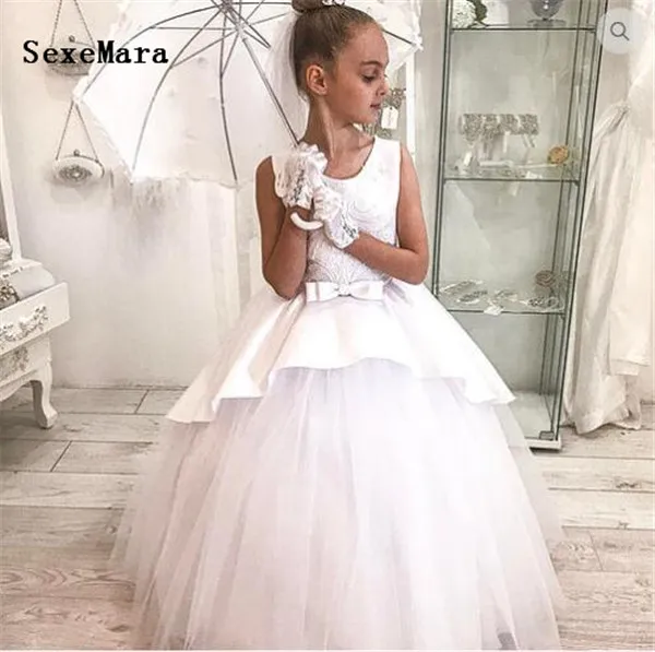 

Princess White Ivory First Communion Dress O Neck Flower Girls Dresses for Weddings Christmas Gown Birthday Dress Custom Made