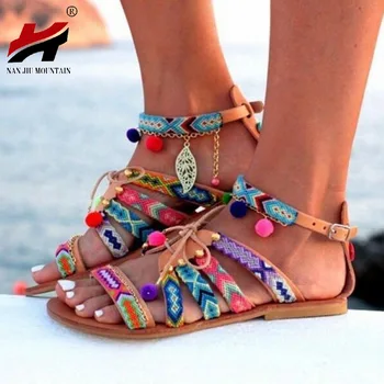 

Plus Size 34-43 Ethnic Bohemian Summer Woman Pompon Sandals Gladiator Roman Strappy Embroidered Shoes Women Flat Sandals