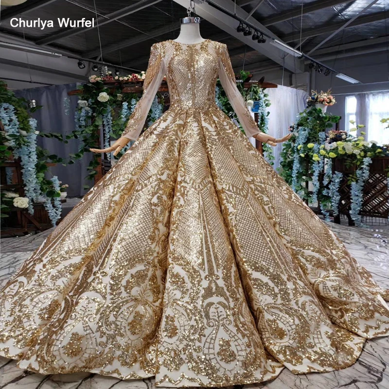 

HTL527 luxury evening dress floor length o-neck long sleeve shiny golden evening gown for muslim abito lungo cerimonia donna