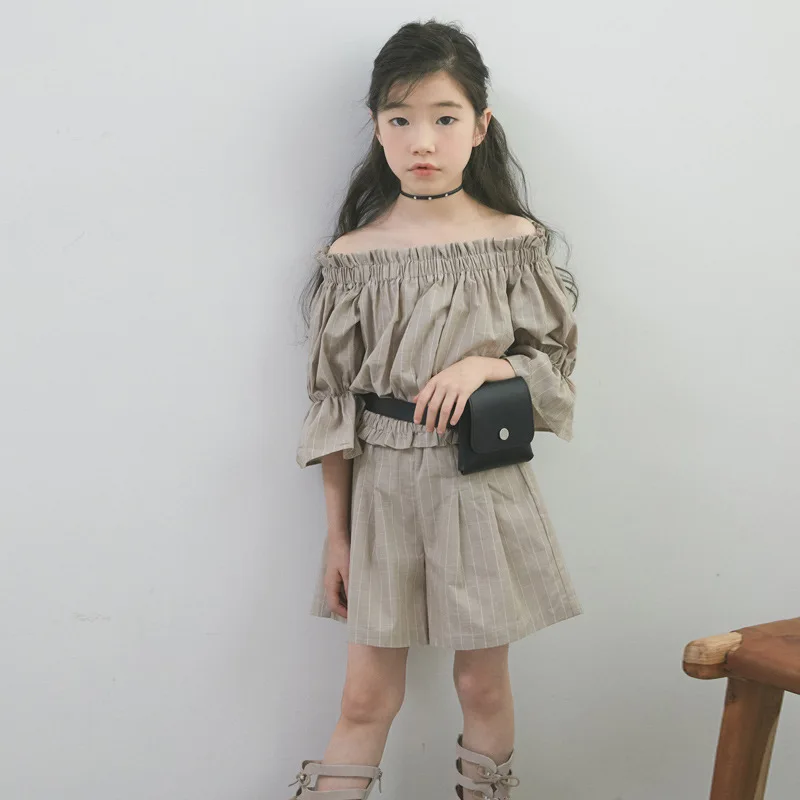 

OFF Shoulder Cool Girls Suits 100% Cotton Striped Tops + Shorts 2 pieces Teenage Girls Clothing Summer 2019