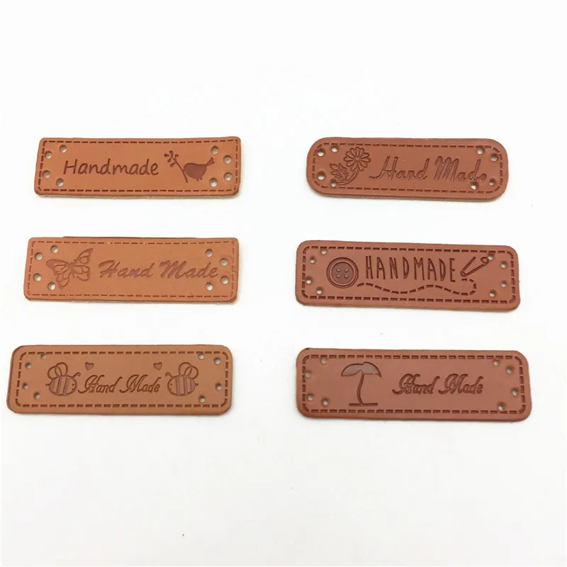 

10pcs 50x15mm Leather "Handmade" Garment Labels Embossed Rectangle Tags Patch DIY Sewing Accessories Bee Butterfly Tree Flower