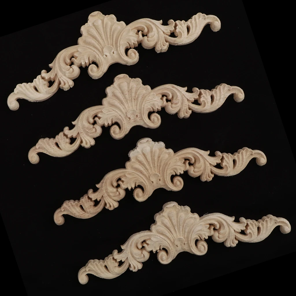 4Pcs Unpainted Wood Carved Corner Frame Applique Furniture Moulding Art Decor Handcraft Ornament Unpainted	