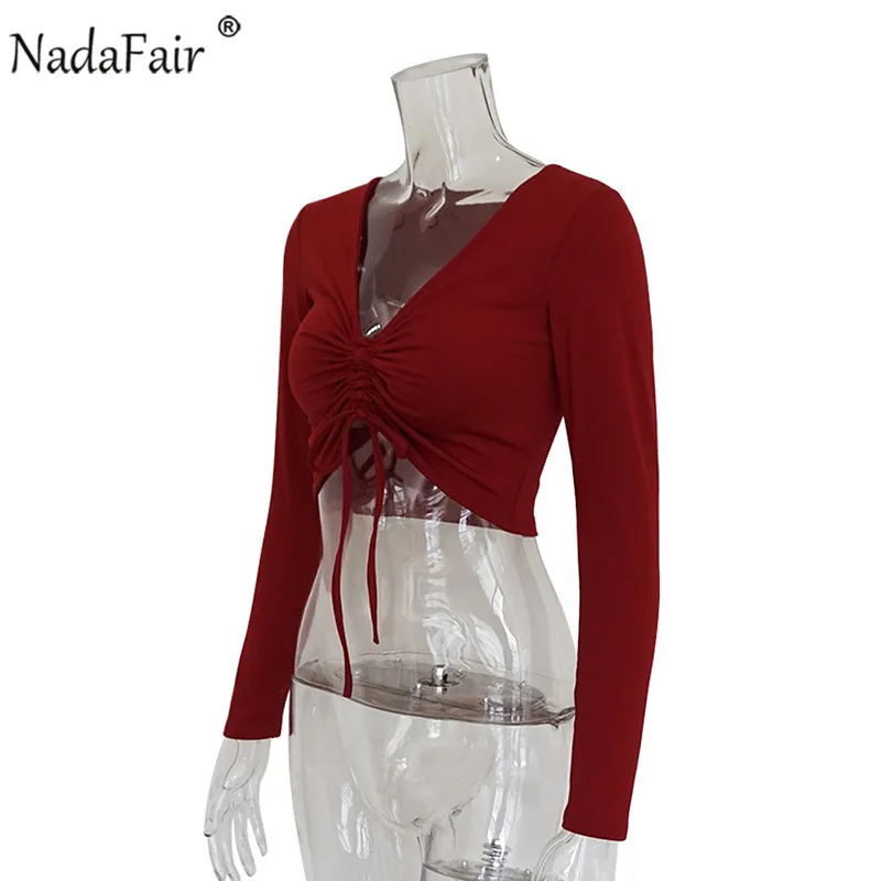 Nadafair, сексуальные женские топы с глубоким v-образным вырезом, весна, с длинным рукавом, футболка, женская, драпированная, на шнуровке, тонкая, однотонная, Повседневная футболка