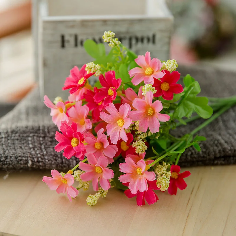 7 branch 1 Bouquet 28 heads cute silk daisy artificial decorative flower wedding flower bouquet home room table decoration - Color: pink