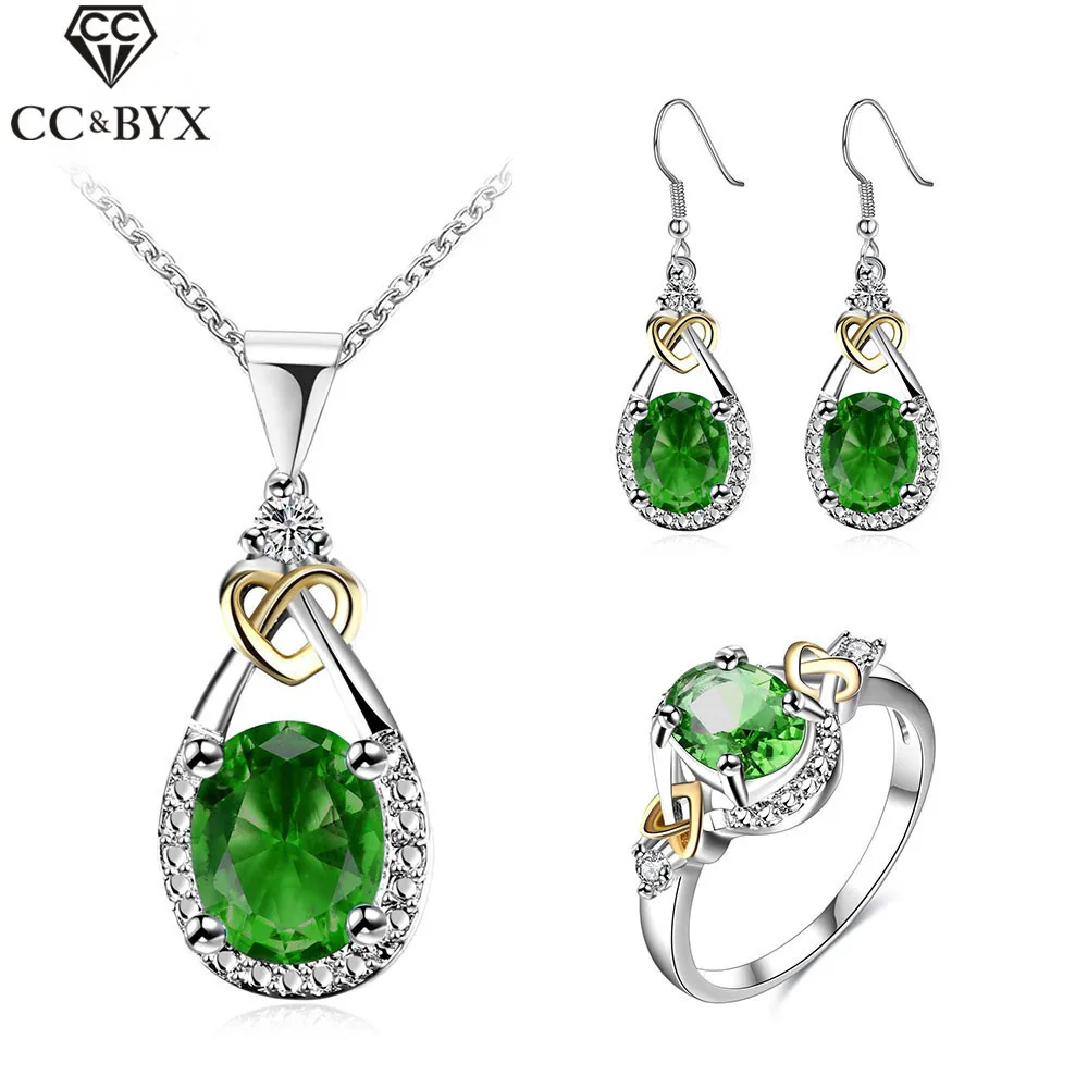 CC Ювелирные изделия винтажные зеленые наборы из фианита 925 серебряные ювелирные изделия, серьги ожерелье кольцо набор украшений для женщин подарок для помолвки CCAS115