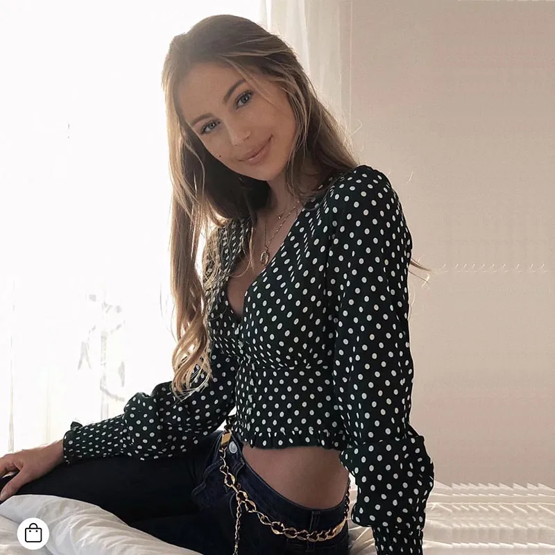 yinlinhe Green Polka Dot Women Blouse Long Sleeve V neck Sexy Crop Summer Tops Button Shirts Elegant Ruffles Clothing